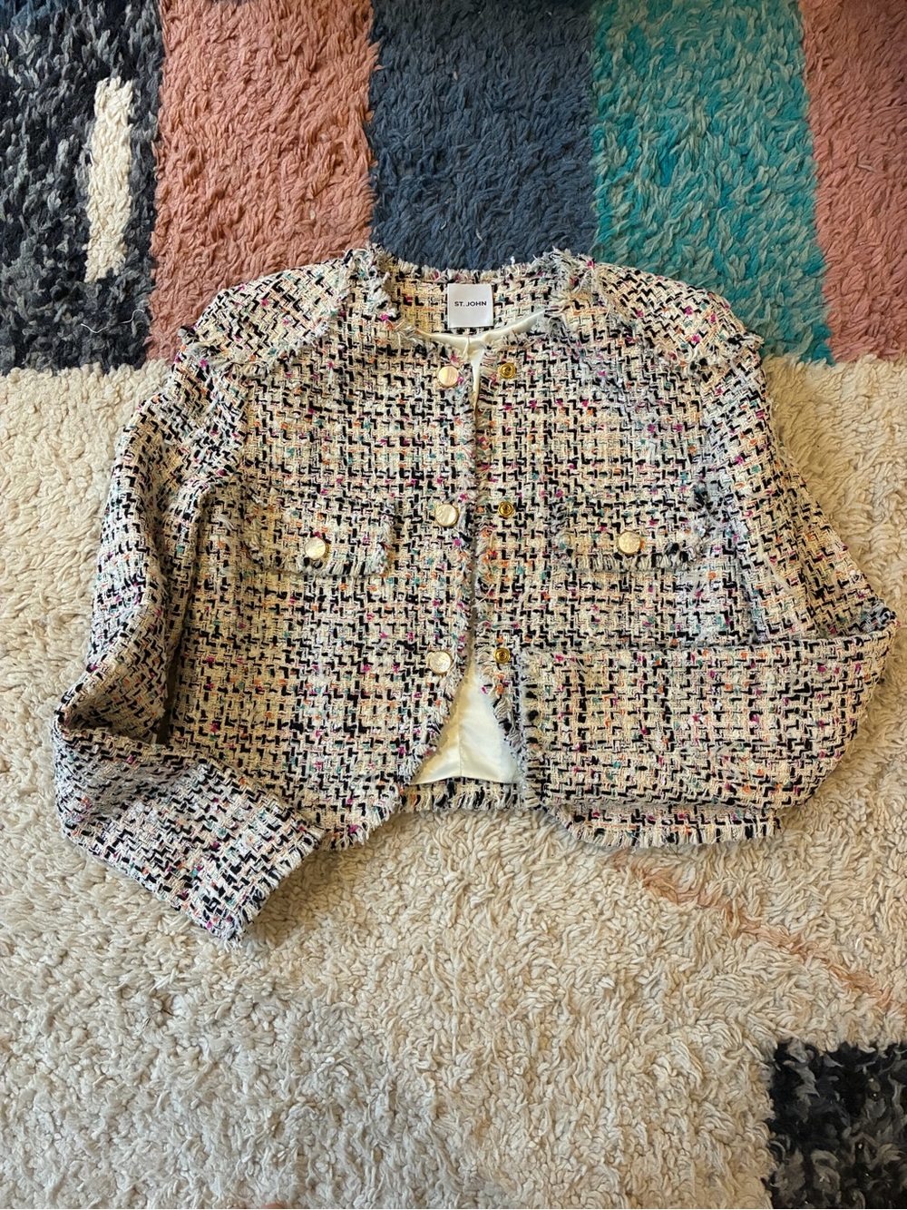 ST. JOHN -  Cream Bouclé Tweed Cropped Blazer with Multicolor Accents - Size 2
